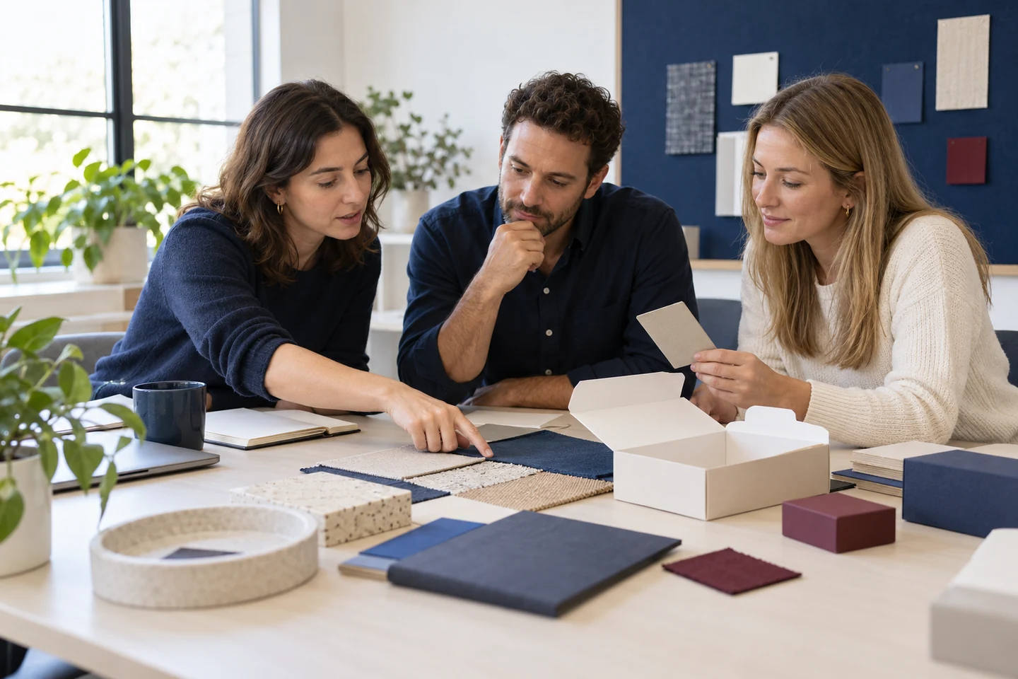 Escena ilustrativa de planeación comercial con personas y muestras de materiales.
