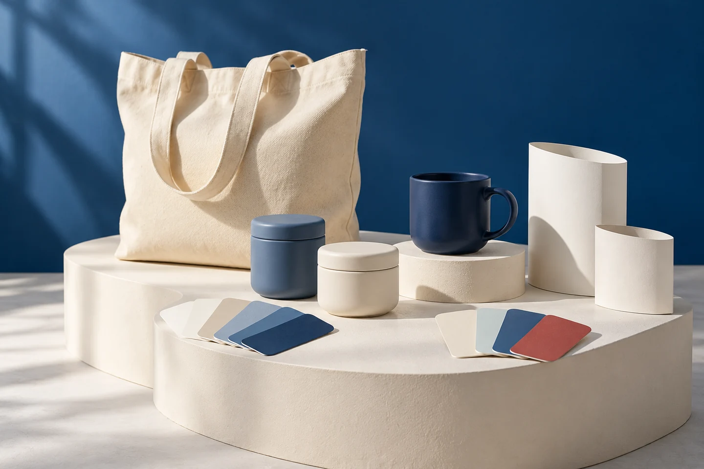Escena ilustrativa de productos promocionales y materiales personalizables.