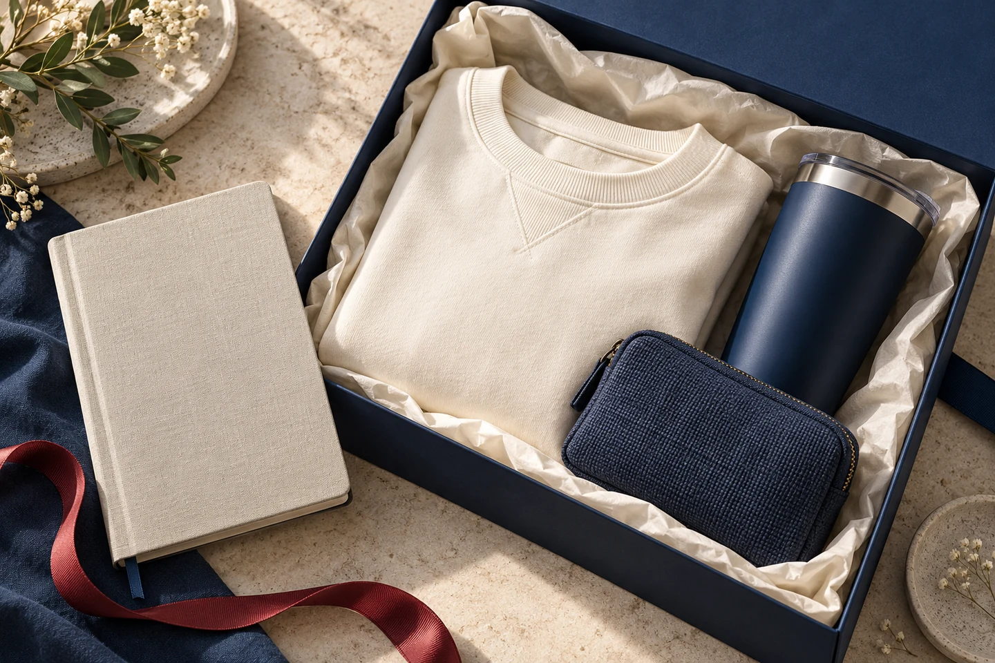 Escena ilustrativa de un kit de regalo corporativo con textil, libreta y termo.